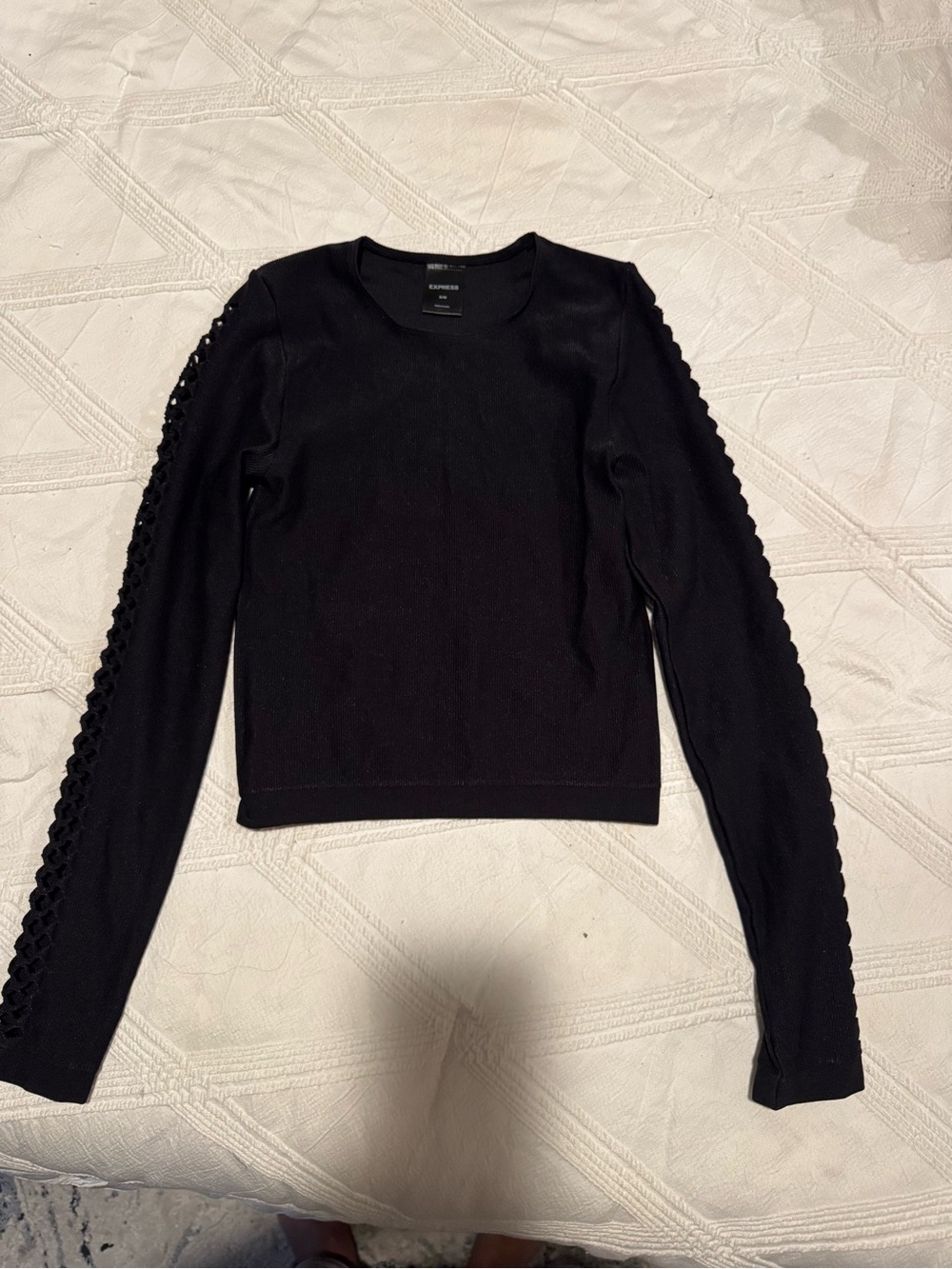 Express Black Long Sleeve Crewneck with Crochet Ladder Sleeve Detail
